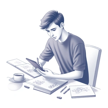 A creative artist is sitting at a table, focused on drawing doodles on a smartphone with a stylus. The artist has a thoughtful expression, with their eyes fixed on the screen as they create intricate designs. The smartphone is held in one hand, while the stylus is gripped in the other hand, poised over the device. Scattered around the table are sketchbooks, pens, and a coffee cup, indicating a busy and artistic workspace. The environment is filled with hints of other unfinished artworks, showcasing the artist's vibrant creativity.