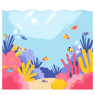 A vibrant underwater scene featuring a variety of colorful coral reefs in shades of pink, orange, and yellow. Schools of tropical fish swim around, showcasing bright colors like blue, yellow, and red. Bubbles rise to the surface, creating a lively atmosphere. Sunlight filters down through the water, illuminating the coral and casting shimmering reflections on the ocean floor.