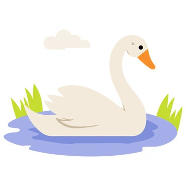 A graceful swan with white feathers gliding smoothly across a calm, reflective pond. The swan's long neck is arched gracefully, and its beak is bright orange. Lush green reeds line the edges of the pond, while soft ripples form in the water around the swan. The sky above is clear, and fluffy white clouds drift gently.