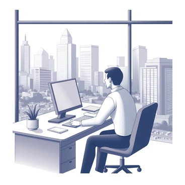 An office worker sitting at a desk in a modern office. The worker is looking out of a large window, displaying a bustling cityscape. The city below features tall skyscrapers with various architectural designs. There are numerous vehicles on the streets and people walking along the sidewalks. The scene captures the energy of urban life with a sense of activity and movement. The office interior includes a computer, notepad, and a plant on the desk, providing context to the worker's environment.