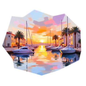 A serene scene depicting "the sun setting" over "a peaceful Mallorca harbor." The sky is filled with vibrant shades of orange, pink, and purple as the sun descends. "Several boats" of various sizes, including sailboats and motorboats, are gently bobbing on the water's surface. The harbor is lined with quaint buildings that reflect the warm colors of the sunset. "Calm waves" ripple through the water, creating a tranquil atmosphere, while "silhouettes of palm trees" frame the scene, enhancing the overall idyllic setting.