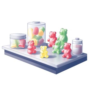 A shop counter with a variety of gummy bears arranged in a vibrant display. The gummy bears are in different shapes and sizes, showcasing their playful forms. Some bears are standing upright, while others are sitting or lying on the counter. The surface of the counter is smooth and shiny, reflecting the shapes of the gummy bears. There are small jars and containers around the gummy bears, adding to the organized display.