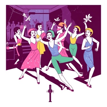 A vibrant scene captures a lively 1940s cabaret show filled with energy. In the foreground, several dancers are performing, adorned in shimmering sequined costumes that shine under the stage lights. Each dancer shows off distinct colors in their outfits, with some showcasing elegant feathered headdresses. The dancers are in various dynamic poses, expressing joy and excitement. The stage is decorated with vintage cabaret elements, including a retro microphone and ornate lighting fixtures. The audience can be seen in the background, captivated by the performance, with some clapping and others looking on in admiration.