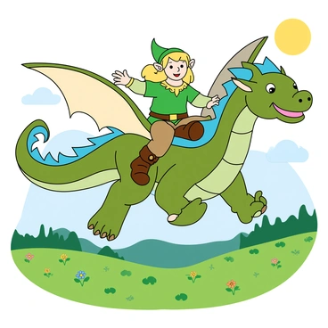 An elf with pointed ears and long flowing hair sits confidently on the back of a large, friendly dragon. The dragon has shimmering scales in shades of green and blue, with large wings outstretched as it soars through the sky. The elf is wearing a vibrant green tunic and brown leather boots, with intricate details on their clothing. Below them, a lush green valley stretches out, dotted with colorful flowers and a few small trees. The sun is shining brightly, casting a warm glow over the scene. The dragon's eyes are bright and cheerful, reflecting its friendly demeanor as it rides the gentle winds.