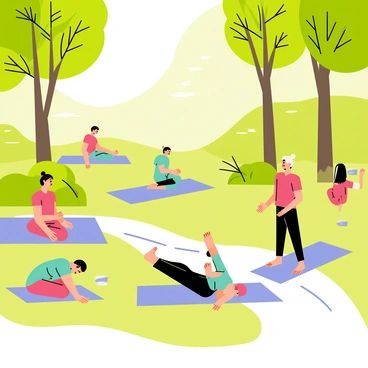 A wellness retreat set in a lush, green forest with tall trees providing a natural canopy. Several participants are positioned on yoga mats in a clearing, focusing on pelvic floor exercises. Each participant is dressed in comfortable workout attire, some in vibrant colors like teal and coral. A gentle stream runs nearby, adding a serene element to the scene. A few participants are seated cross-legged while others are lying on their backs with knees bent. Sunlight filters through the leaves, creating dappled patterns on the ground. A sense of tranquility and focus permeates the atmosphere as the group engages in their exercises.