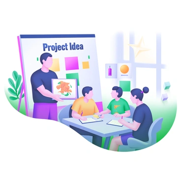 A modern pastel illustration depicting an artist standing confidently in front of a panel. The artist is holding a sketchbook, showcasing a vibrant design. The panel consists of three individuals sitting at a table, each holding a notepad and a pen, with attentive expressions. Behind the artist, there is a large poster featuring the words "Project Idea" in bold letters, accompanied by colorful graphics. The setting includes a decorative plant in the corner and bright light streaming in through a window, creating an inviting atmosphere.