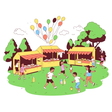 A yellow park filled with colorful balloons floating above various food stalls. Each stall is decorated with vibrant orange banners and is serving a variety of foods. In the foreground, children are running around energetically, playing games that involve tossing rings onto bottles. Some children are laughing, while others are focused on winning prizes. Lush green grass covers the ground, enhancing the lively atmosphere of the festival. In the background, a few trees provide shade, completing the cheerful scene.
