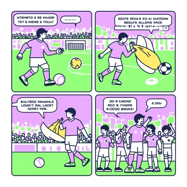 A comic strip featuring "Cristiano Ronaldo" in a humorous soccer adventure is laid out in four panels. In the first panel, "Cristiano Ronaldo" is seen dribbling a soccer ball with a giant smile, wearing his classic soccer uniform and cleats. The background depicts a vibrant soccer field with cheering fans in the stands. 

In the second panel, "Cristiano" attempts to score a goal, but instead of kicking the ball, he accidentally kicks a giant inflatable banana that rolls toward the crowd, causing laughter. 

The third panel shows "Cristiano" looking shocked as the inflatable banana bounces back and hits him on the head, making his teammates burst into laughter. 

In the final panel, "Cristiano" stands confidently again with a playful grin, holding the inflatable banana like a trophy, surrounded by teammates who are still laughing. The stadium atmosphere is filled with excitement and colorful banners in the background.