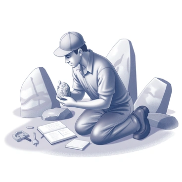 A field geologist is kneeling on the ground, surrounded by an array of geological tools. The geologist is holding a rock sample in one hand, scrutinizing its texture and composition with keen interest. In front of the geologist, there is a small open field notebook displaying notes and sketches related to the Earth's mantle. Various rock formations are visible in the background, showcasing the geological layers of the Earth's crust. Sunlight casts distinct shadows, highlighting the contours of the rocks and the geologist's attire. The scene captures the meticulous nature of geological study.