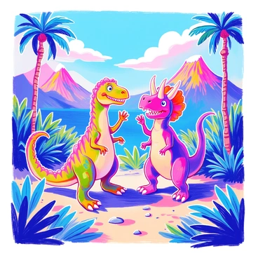 Two cartoon dinosaurs, a bright green T-Rex and a vibrant purple Triceratops, are waving "Hi!" with their tiny arms in a fun prehistoric setting. The T-Rex stands on the left, displaying its toothy grin, while the Triceratops stands on the right, showcasing its three distinctive horns. In the background, there are lush ferns and tall palm trees, alongside a few colorful volcanic mountains. The sky is a bright blue with fluffy white clouds, creating a cheerful atmosphere.