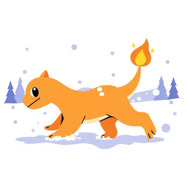 A Charmander with bright orange skin is navigating through a snowy landscape. The Charmander has its tail raised high, showcasing a glowing flame at the tip that radiates warmth in the cold environment. Snowflakes gently fall around it, accumulating on the ground and on the Charmander’s back. In the background, there are distant snow-covered trees and a pale blue sky. The scene conveys a contrast between the vibrant warmth of the Charmander and the cool, white snow.