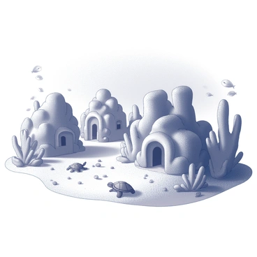 A village located on the seabed, featuring homes constructed from intricate coral formations. The structures are designed in various organic shapes, resembling the natural contours of the surrounding underwater environment. The scene includes a variety of marine life swimming around, such as fish darting between the coral, and perhaps a sea turtle gliding gracefully nearby. Sunlight filters through the water above, creating a dynamic play of light and shadows across the sandy ocean floor.