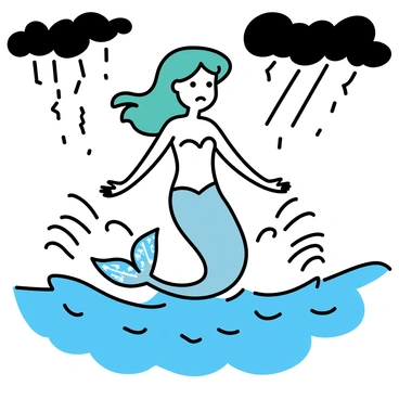 A mermaid with flowing emerald green hair is positioned amidst a turbulent ocean. Her tail, shimmering with shades of blue and silver, is partially submerged in the foamy, crashing waves around her. Dark storm clouds loom overhead, creating a sense of tension in the atmosphere. The mermaid's expression is determined as she gazes into the distance, her arms outstretched as if embracing the chaos of the storm. Waterspouts rise behind her, and droplets of seawater are captured mid-air, emphasizing the ferocity of the scene.