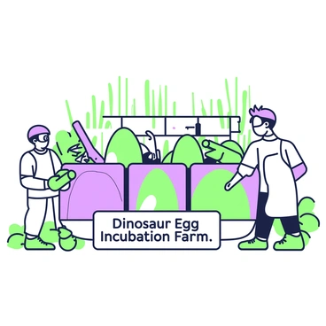 A farm is dedicated to dinosaur egg incubation. The scene features several large dinosaur eggs arranged in incubators, with some handlers attentively monitoring the temperature and humidity levels. The handlers are wearing protective gear, including gloves and goggles, as they carefully examine the eggs. In the background, there are rows of leafy plants and equipment designed for the nurturing process. A large sign in the foreground reads "Dinosaur Egg Incubation Farm" in bold letters. A few small, animated dinosaur figures can be seen peeking out from behind the incubators, adding a whimsical touch to the environment.