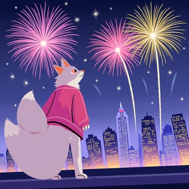 Ahri, a character with fox-like features, stands on a rooftop, her nine shimmering tails elegantly fanned out behind her. She gazes up at a vibrant night sky filled with a dazzling fireworks display. Bursts of colorful fireworks explode in various shapes and sizes, illuminating the city skyline below. The city features tall buildings with bright lights, creating a lively urban atmosphere. Ahri's expression reflects wonder and joy as she watches the fireworks light up the sky.