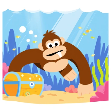 A cartoon-style illustration of "Donkey Kong" submerged underwater, surrounded by colorful coral reefs and schools of small fish. "Donkey Kong" is depicted with a determined expression, holding his breath as he dives deeper. Sunlight filters through the water's surface, creating dappled light patterns around him. A shiny treasure chest, partially buried in the sand, is visible nearby, adorned with sparkling jewels and gold coins. Bubbles escape from "Donkey Kong's" mouth as he approaches the treasure, adding to the sense of adventure.