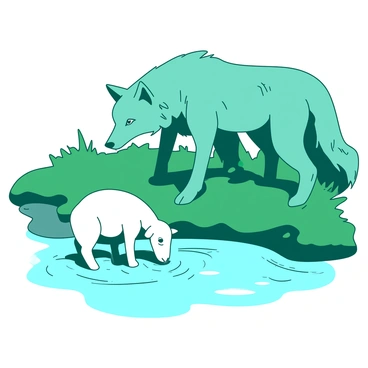 A teal wolf with sharp, focused eyes is stealthily approaching a white lamb. The lamb appears calm, grazing on the lush green grass near the riverbank. The river flows gently beside them, reflecting the light around it. The wolf's fur is bristled with anticipation, while the lamb remains unaware of the looming threat. Soft ripples in the water create a contrast to the tense atmosphere between the two animals.