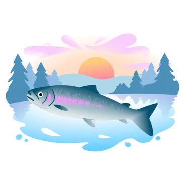 A trout is swimming gracefully in a river, with water rippling gently around its body. The fish displays vibrant scales that shimmer as it moves through the water. Above the river, a colorful sunset paints the sky in shades of orange, pink, and purple. The sunset's colors are mirrored on the surface of the water, creating a beautiful reflection. Silhouettes of trees line the riverbank, adding depth to the scene.