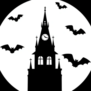 A Victorian clocktower stands tall and majestic, silhouetted against a large, bright moon in the background. The clocktower features intricate architectural details, with ornate patterns and spires. Bats are flying in various positions around the tower, their wings spread wide as they circle above. The scene creates a striking contrast between the dark silhouette of the clocktower and the luminous moon, enhancing the eerie atmosphere.