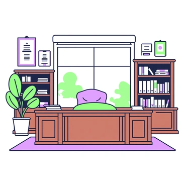 The interior of a law office is depicted with elegant furnishings. In the center, there is a large mahogany desk with intricate carvings and a green leather blotter on top. Behind the desk, a plush leather chair is positioned, accentuating the office's sophistication. Surrounding the desk, several wooden bookshelves are filled with legal volumes and reference books. On the walls, framed diplomas and certificates are hung, showcasing academic achievements. A large window allows natural light to stream in, illuminating the rich textures of the furniture. In one corner, a potted plant adds a touch of greenery to the formal atmosphere.