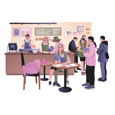 A digital flat illustration depicting a bustling coffee shop interior filled with various patrons. On the left side, there is a barista behind the counter preparing drinks, with a coffee machine and an assortment of pastries displayed. In the foreground, an artist with short curly hair is seated at a small round table, sketching on a notebook. The artist is wearing a blue apron and has a focused expression. Several people are scattered throughout the shop; one person is typing on a laptop, another is reading a book, while a couple of friends are chatting animatedly. The walls are adorned with colorful artwork, and the atmosphere is lively with a blend of conversation sounds and the aroma of coffee.