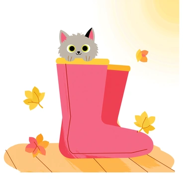 A tiny gray kitten with bright green eyes is peeking out from the top of a pair of colorful red rain boots. The boots are positioned on a wooden floor, and the kitten's fluffy ears are visible above the rim of the boots. Sunlight is softly filtering in, casting a warm glow on the scene. The background features a few scattered autumn leaves, enhancing the cozy atmosphere.