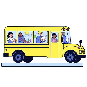 A yellow school bus with large windows parked on a quiet street. Inside the bus, several students are seated, focused on their sketchbooks. One student has a pencil in hand, drawing a tall tree visible through the window. Another student is capturing a nearby building, their sketchbook resting on their lap. The bus is filled with art supplies scattered on the seats, including colored pencils and erasers. Bright sunlight filters in through the windows, illuminating the students as they concentrate on their artwork.