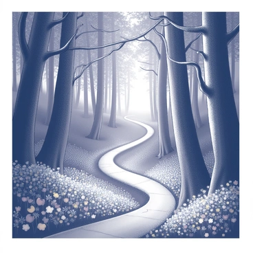 A winding path stretches through a dense forest filled with towering trees. The trees are closely packed, their trunks thick and gnarled. Along the sides of the path, an array of flowers emits a soft glow, illuminating the surroundings with gentle light. The flowers vary in shape and size, adding texture to the forest floor. The canopy above is formed by a twist of branches, allowing small beams of light to filter through, creating a mystical atmosphere.
