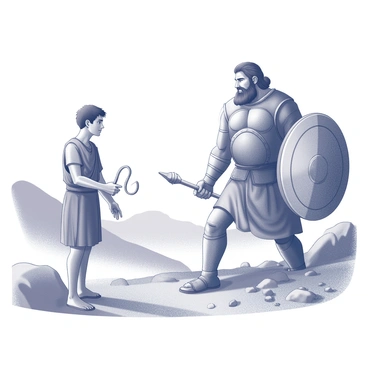 A young man stands confidently in the valley with a determined expression. He has short, dark hair and wears simple tunic-like clothing. In his right hand, he holds a leather sling, poised and ready to launch. Across from him stands a towering giant, Goliath, who has a fierce look on his face. Goliath is clad in heavy armor, with a large shield in his left hand and a spear in his right. The valley is surrounded by rocky hills and an expansive sky. The tension of the moment is palpable as David prepares to confront the giant before him.
