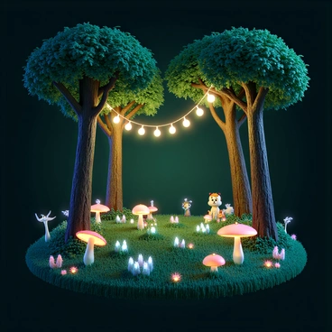 A flat 3D forest scene featuring lush green foliage and a variety of glowing plants emitting soft, colorful light. The ground is carpeted with vibrant flowers and illuminated mushrooms. Soft, twinkling fairy lights are strung through the trees, casting a warm glow across the forest floor. Various mystical creatures, such as small fairies with delicate wings and gentle creatures resembling deer with luminescent fur, can be seen among the foliage, adding to the enchanting atmosphere. The trees are tall with intricate bark patterns, and their branches are adorned with clusters of sparkling leaves.