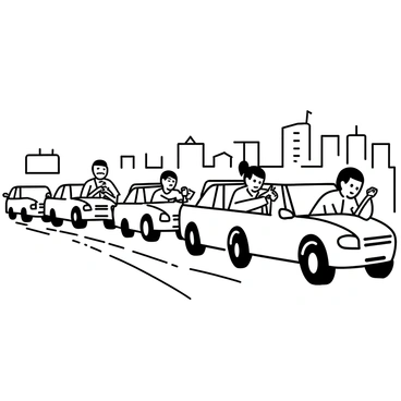 A line of cars is halted in a traffic jam, with various vehicles such as sedans, SUVs, and a small truck. Each car has frustrated drivers visibly showing their annoyance. One driver has their hands on the steering wheel and a frown, while another is looking at their watch with a stressed expression. The skyline of a city can be seen in the background, featuring tall buildings and a few recognizable architectural designs, creating a bustling urban atmosphere. The scene is filled with details that emphasize the congestion and the drivers' irritation.