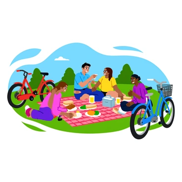 A sunny picnic scene with a checkered blanket spread out on the grass. Two bicycles are parked nearby, one red with a wicker basket and the other blue with a bell. A group of four friends is gathered around the blanket, laughing and sharing a meal. There are platters of colorful sandwiches, a bowl of fruit, and an ice-filled cooler with drinks. One friend is pouring lemonade into cups, while another is reaching for a sandwich. The background features a few trees and a clear blue sky.