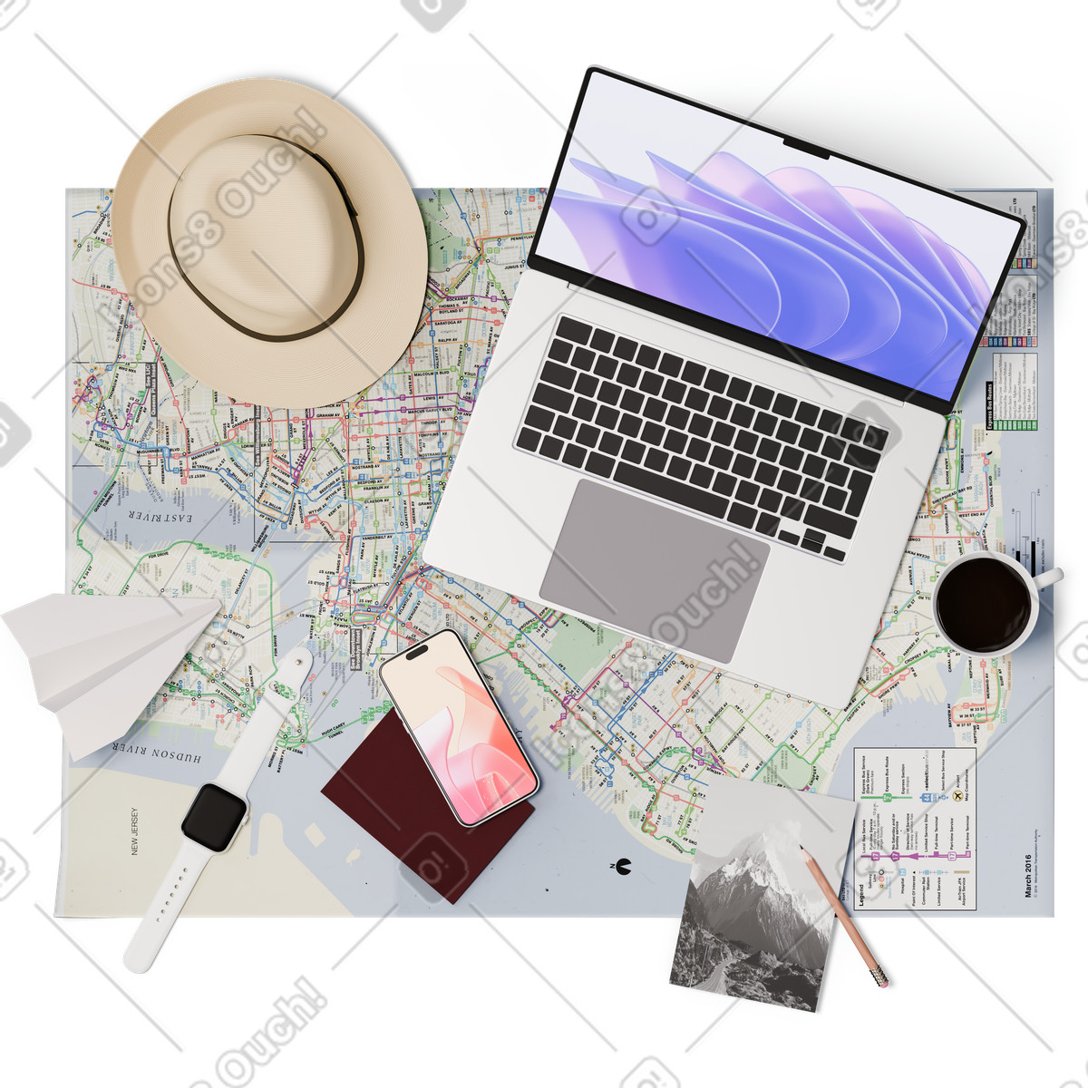 Иллюстрация Top view of map, laptop, hat, passport, smartphone and smartwatch в стиле 3D Hygge — скачать в форматах PNG, SVG