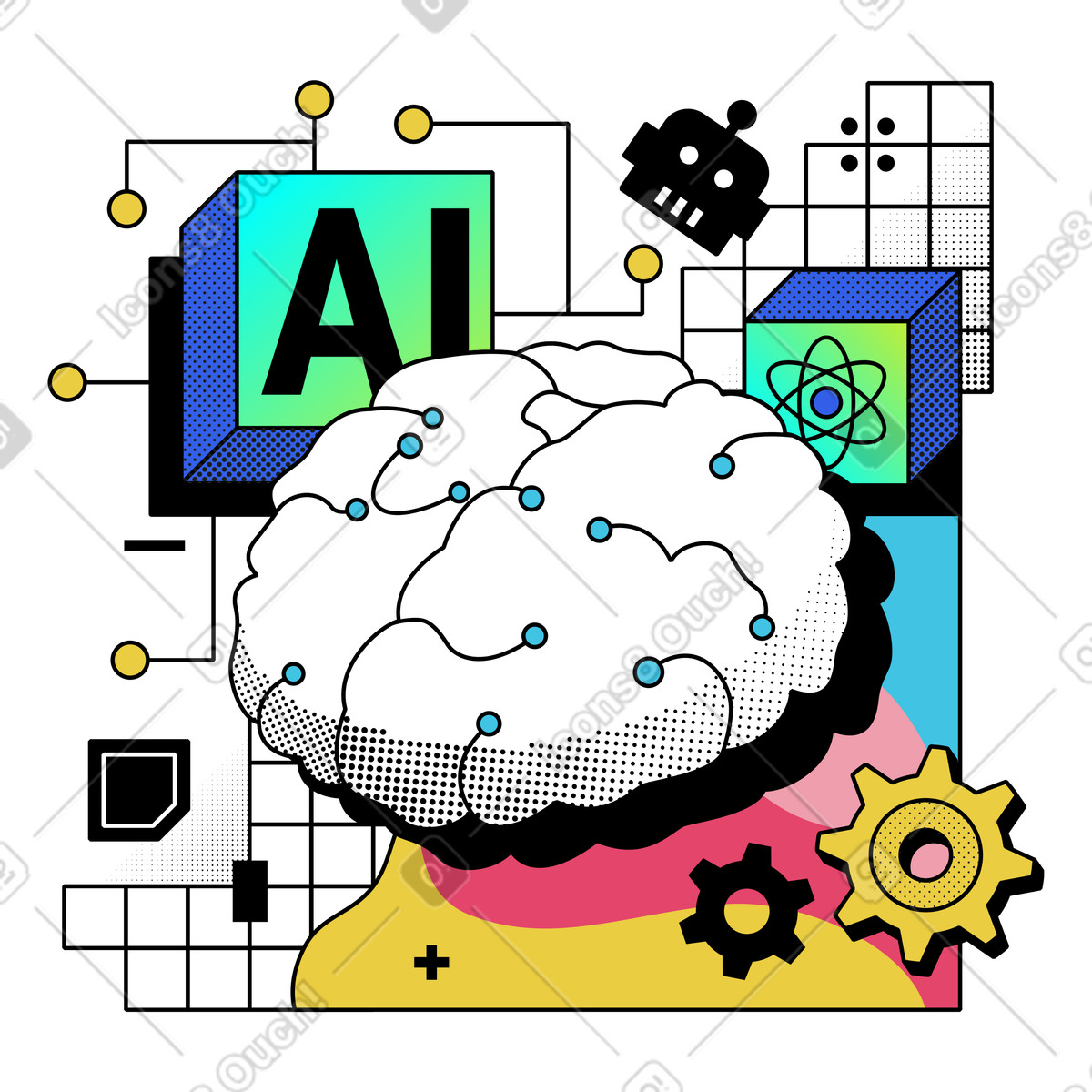 Ki und künstliche neuronale netze-Illustration im Memphis-Stil als Download in PNG, SVG