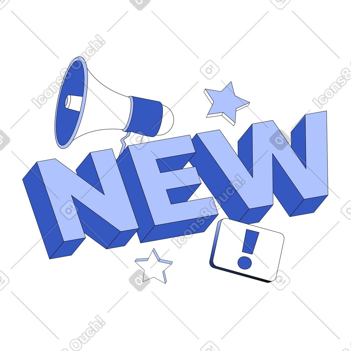 Techny スタイルの メガホン、星、感嘆符のテキストを含むレタリング new! のイラストをPNG、SVG形式でダウンロード