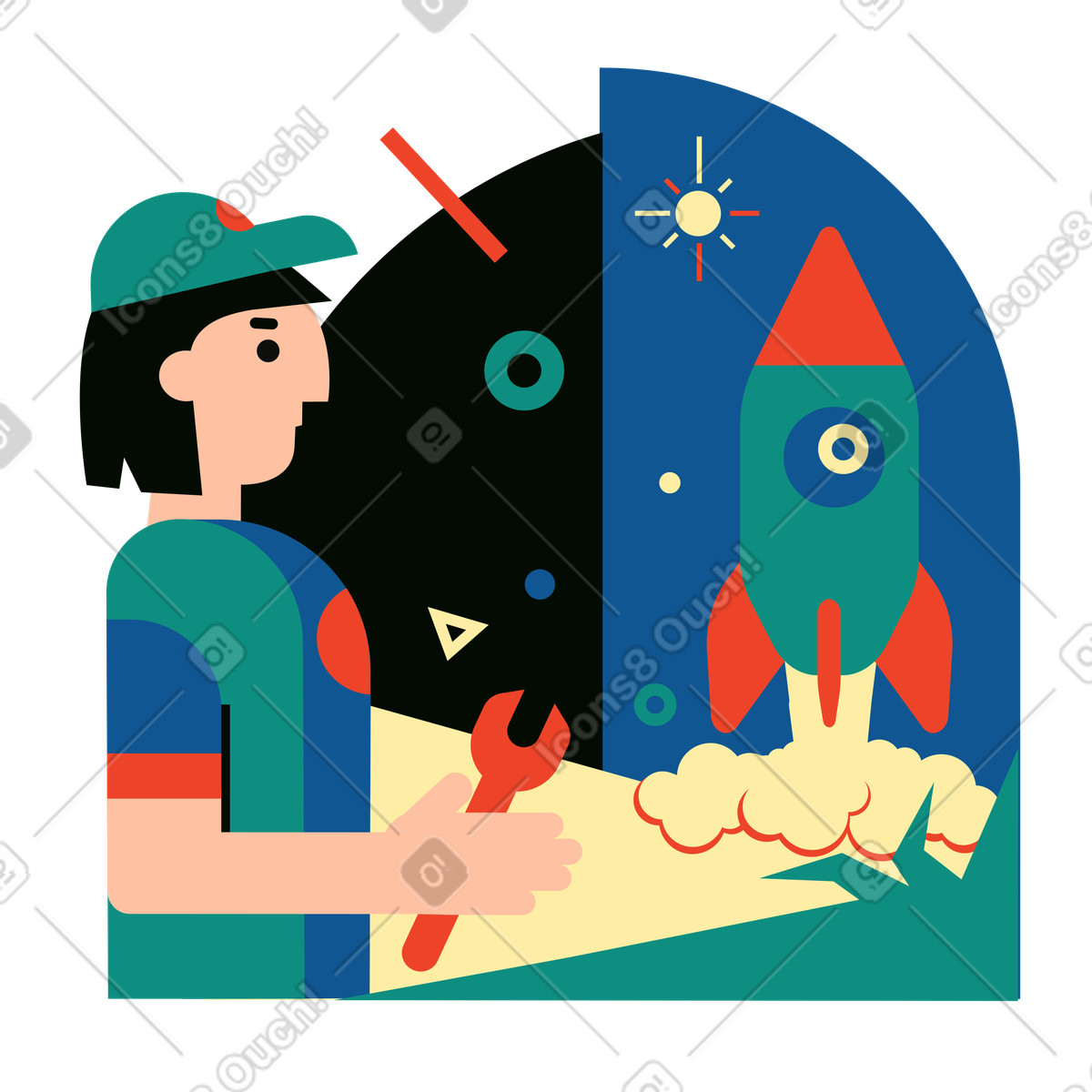 Polar スタイルの ロケット打ち上げを見守るロケット科学者 のアニメーションイラストをGIF、Lottie (JSON)、AEでダウンロード