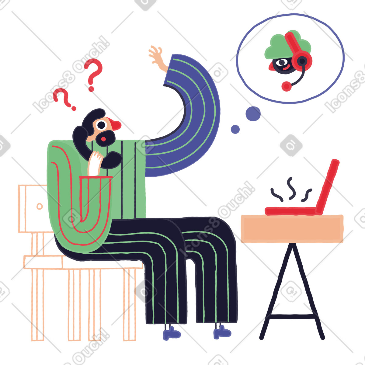 Stripy 스타일의 Man making a phone call to customer service about broken computer 일러스트레이션 PNG, SVG 다운로드