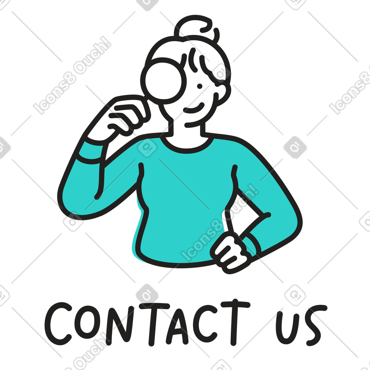 Illustration Femme avec loupe et texte de contact dans le style Little à télécharger aux formats PNG, SVG