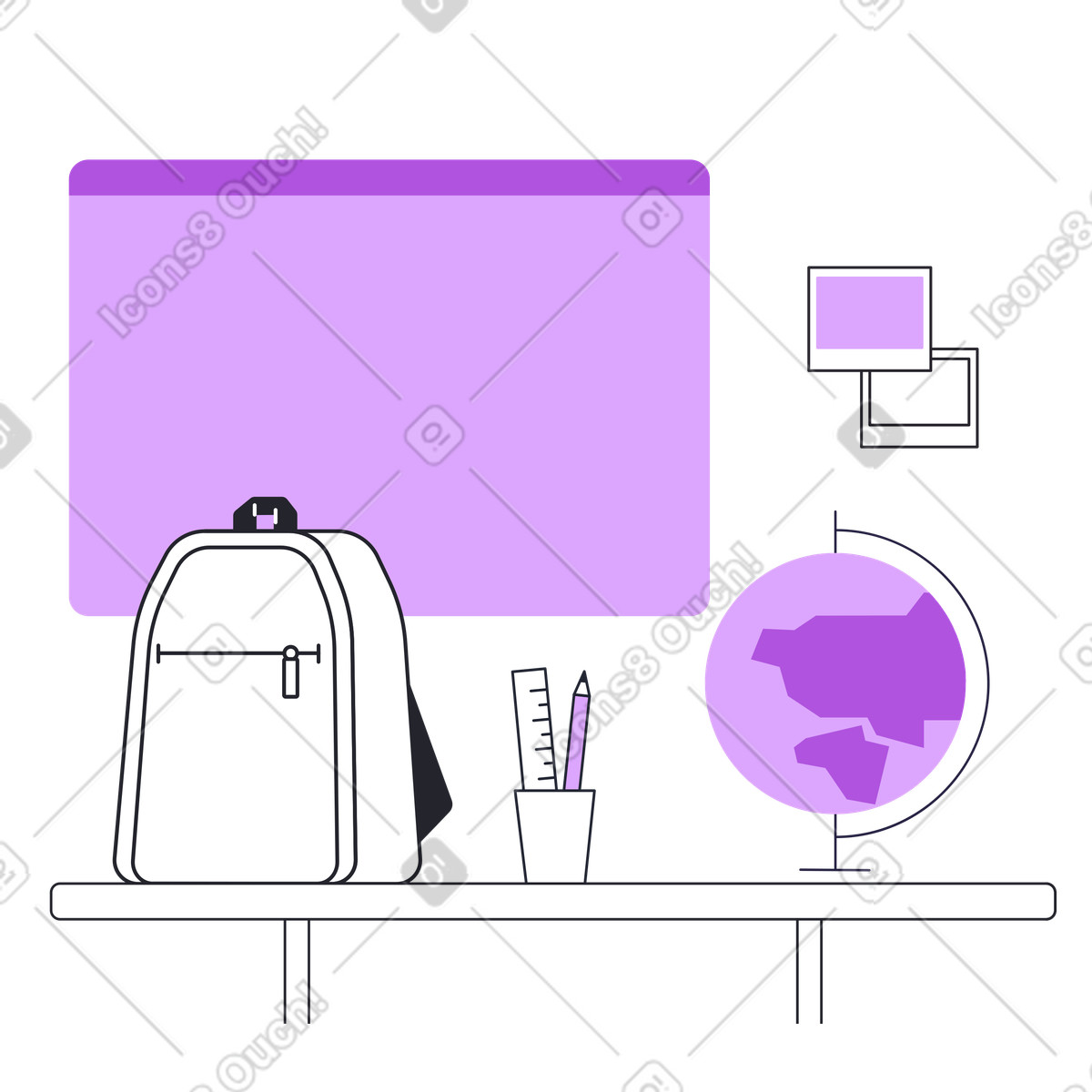 Illustration Sac à dos scolaire avec papeterie dans la salle de classe le style Grapy télécharger aux formats PNG, SVG