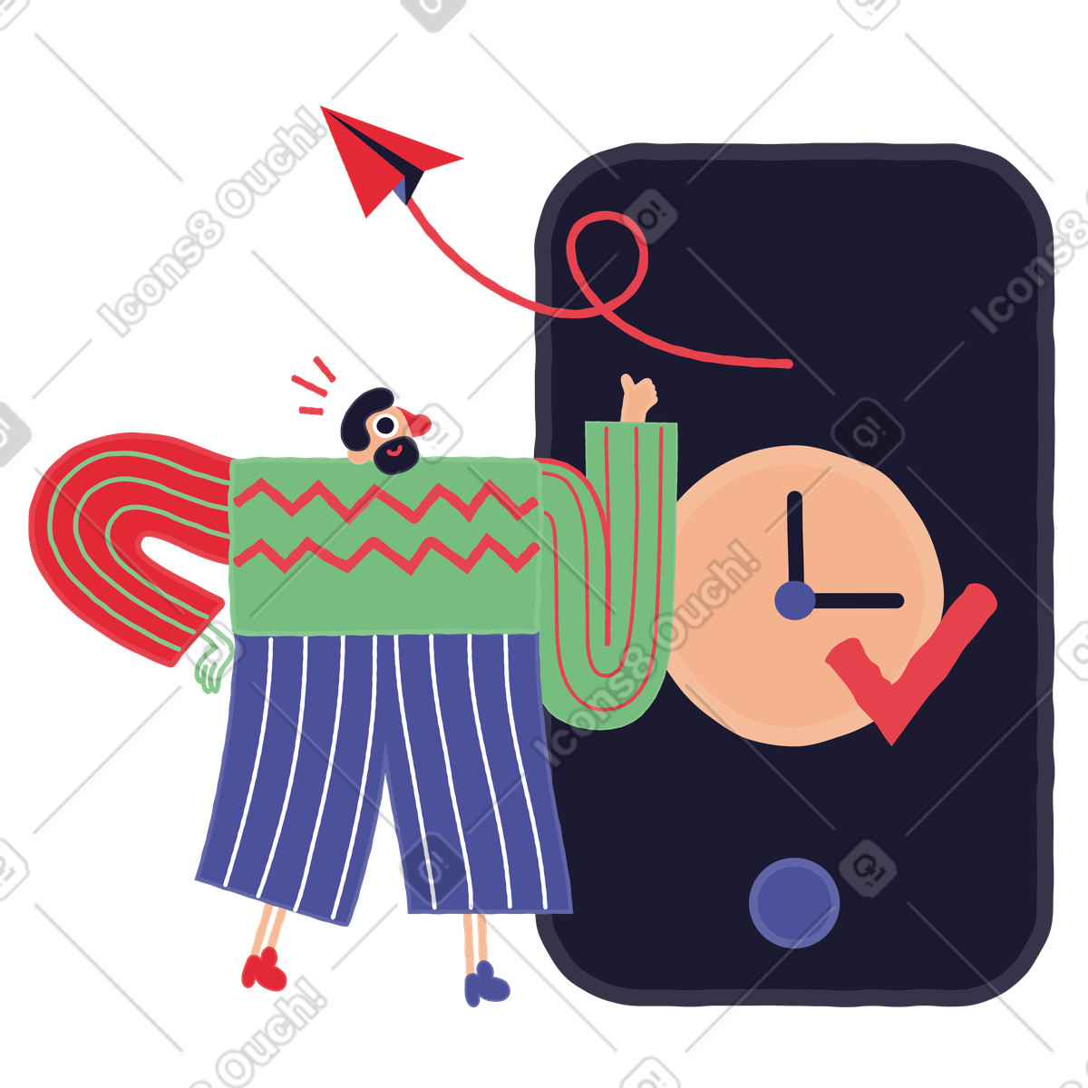 Ilustración El hombre distribuye su tiempo correctamente y envía un mensaje a en estilo Stripy descargar en PNG SVG