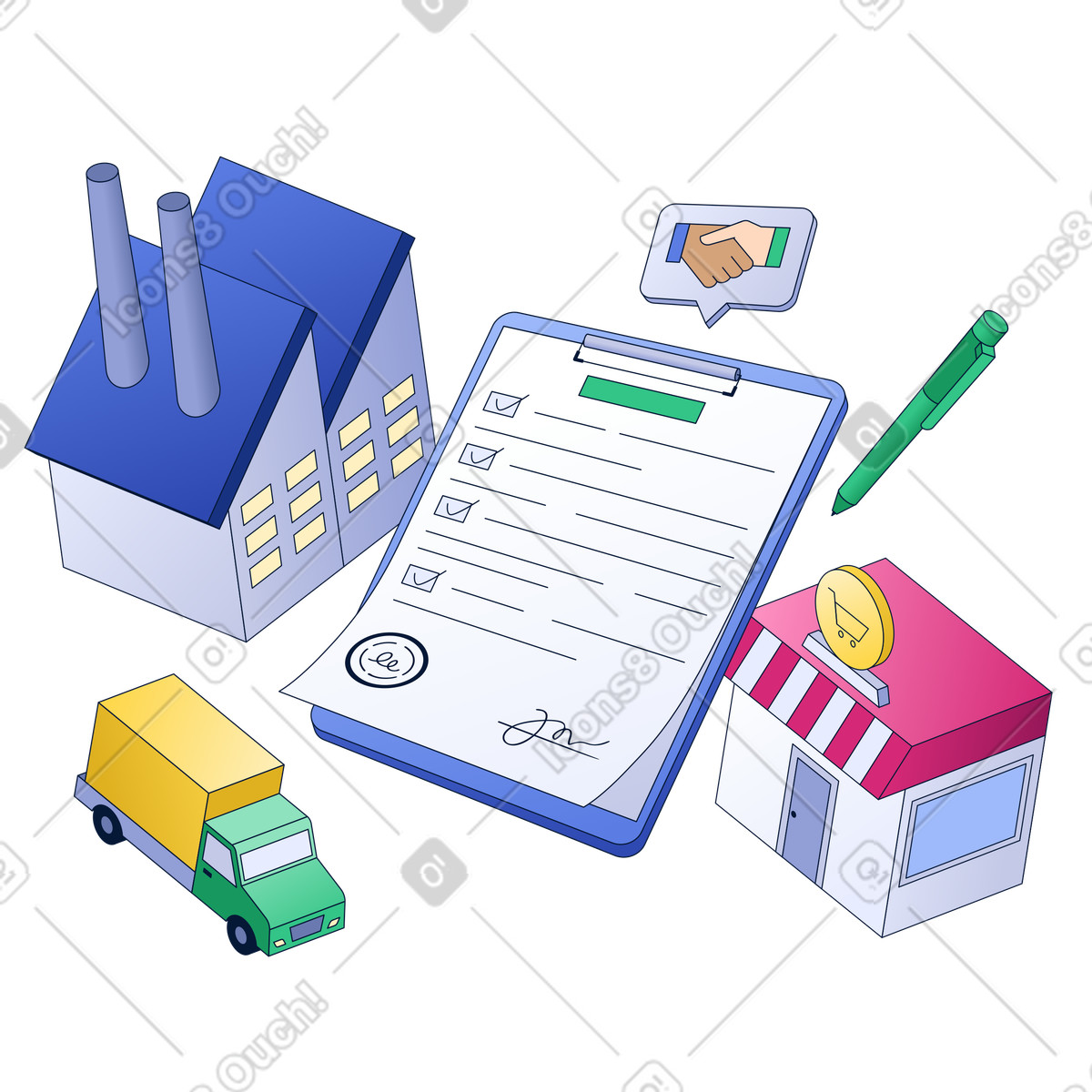Factory and store with contract checklist, supply chain cooperation and delivery planning illustration in PNG, SVG