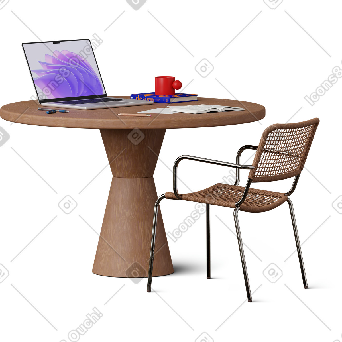下载 3D Hygge 风格的 Front view of laptop and notes on kitchen table 插画，支持 PNG、SVG 格式