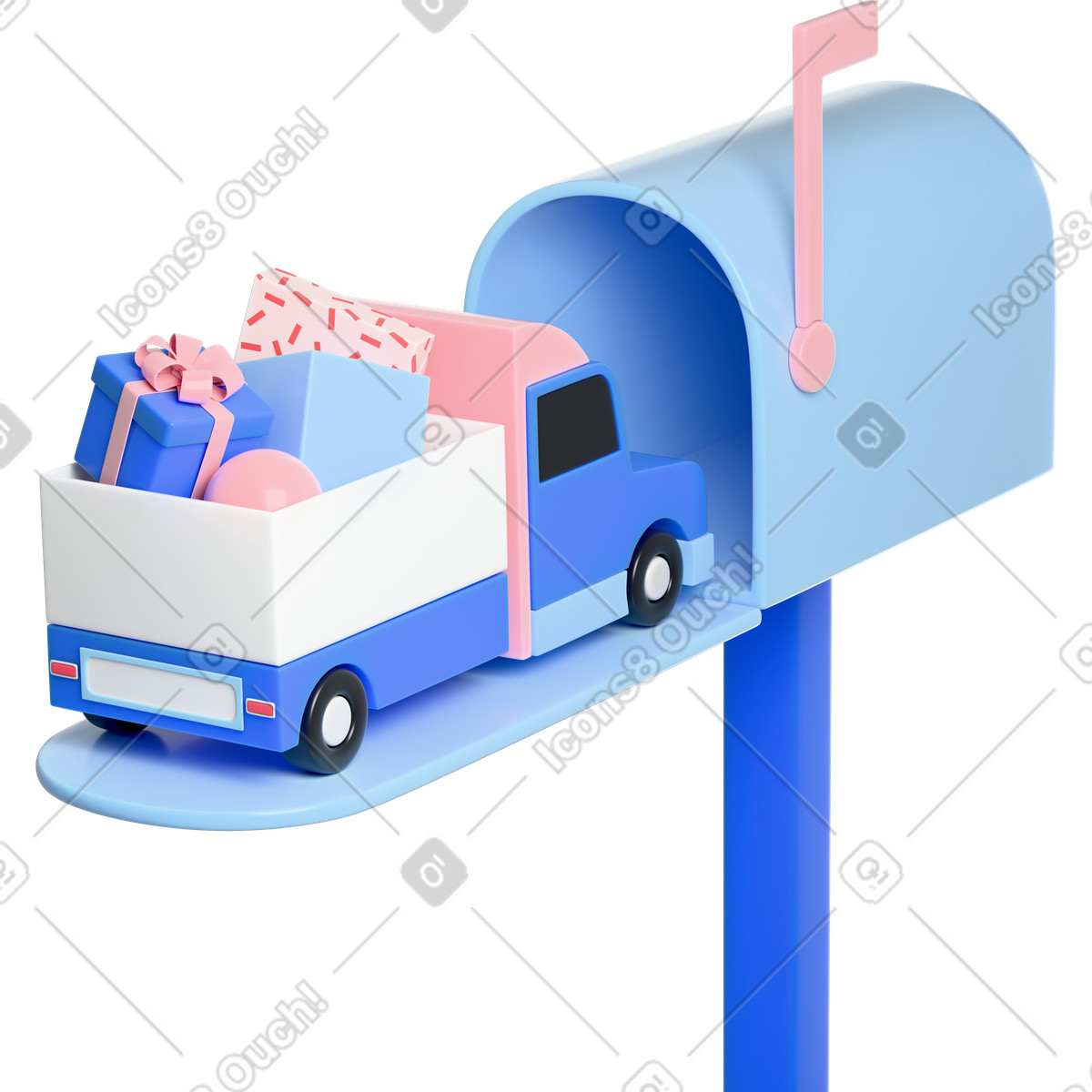 Mailbox with delivery truck loaded gifts, Holiday season animated illustration in 3D Editorial style download in GIF, Lottie (JSON), AE