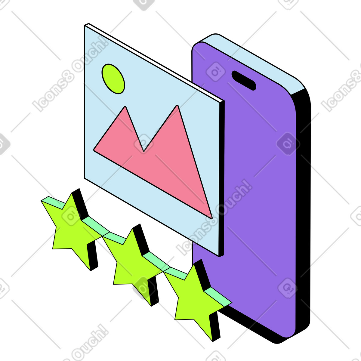Mobile screen with image and star ratings, Digital feedback approval process-Illustration im Project-Stil als Download in PNG, SVG