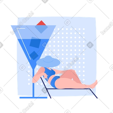 Big summer cocktail and woman in hat lying in beach bed PNG, SVG
