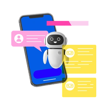 A robot interacting with a smartphone - Print style illustration