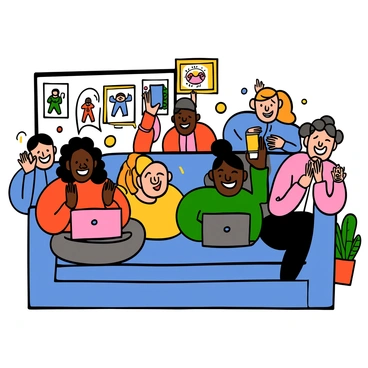 A virtual concert scene featuring a diverse group of viewers sitting in their living rooms, each engaging with their devices. Their faces show excitement and joy as they applaud enthusiastically, with some holding their phones and others using laptops. Colorful lights from the concert stage are visible on their screens, illuminating their expressions. Some viewers have decorations in the background like posters or plants, adding a personal touch to their environments. The overall mood reflects a sense of community and shared enjoyment despite being physically apart.