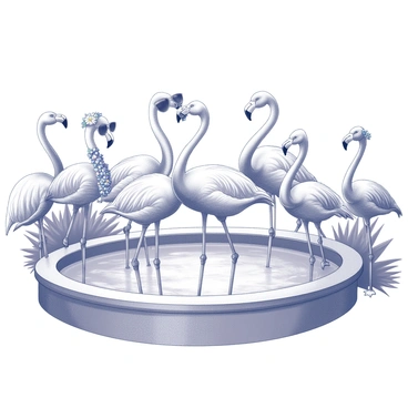 A group of flamingos stands in a pool, each exhibiting various poses that suggest movement and dance. Some of the flamingos wear oversized sunglasses, adding a playful element to their appearance. Tropical accessories, such as leis around their necks and floral hats, adorn them. The pool is surrounded by lush foliage, emphasizing the vibrant, lively atmosphere of their gathering. Each flamingo has distinct features, showcasing their long necks and slender legs, contributing to the dynamic scene.