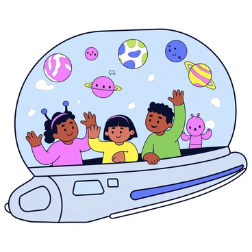 A group of three kids inside a spaceship with large windows. The spaceship is sleek and has a shiny silver exterior. Outside the windows, there are multiple colorful planets, each with unique patterns and hues such as bright pink, deep blue, and vivid green. Among the planets, friendly aliens can be seen waving at the kids. The aliens have playful expressions, some with large eyes and antennas, while others have round, soft bodies in various colors. The interior of the spaceship features control panels with buttons and glowing screens, enhancing the sense of exploration.