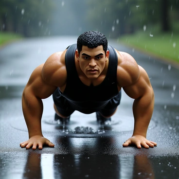 A muscular bodybuilder with short, wet hair is performing push-ups on a slick, dark pavement. Raindrops are falling around him, creating small splashes as they hit the ground. His expression is focused and intense, showcasing his determination. He wears a black sleeveless shirt and dark athletic shorts. Water glistens on his skin, emphasizing his toned muscles. The scene captures the essence of perseverance through the challenging weather conditions.